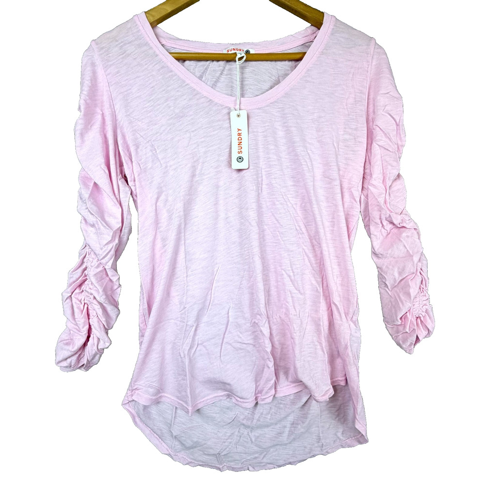 Sundry Blouse Top Womens 3 Pink Ruched Sleeve High Low Hem Burnout Girly Casual
